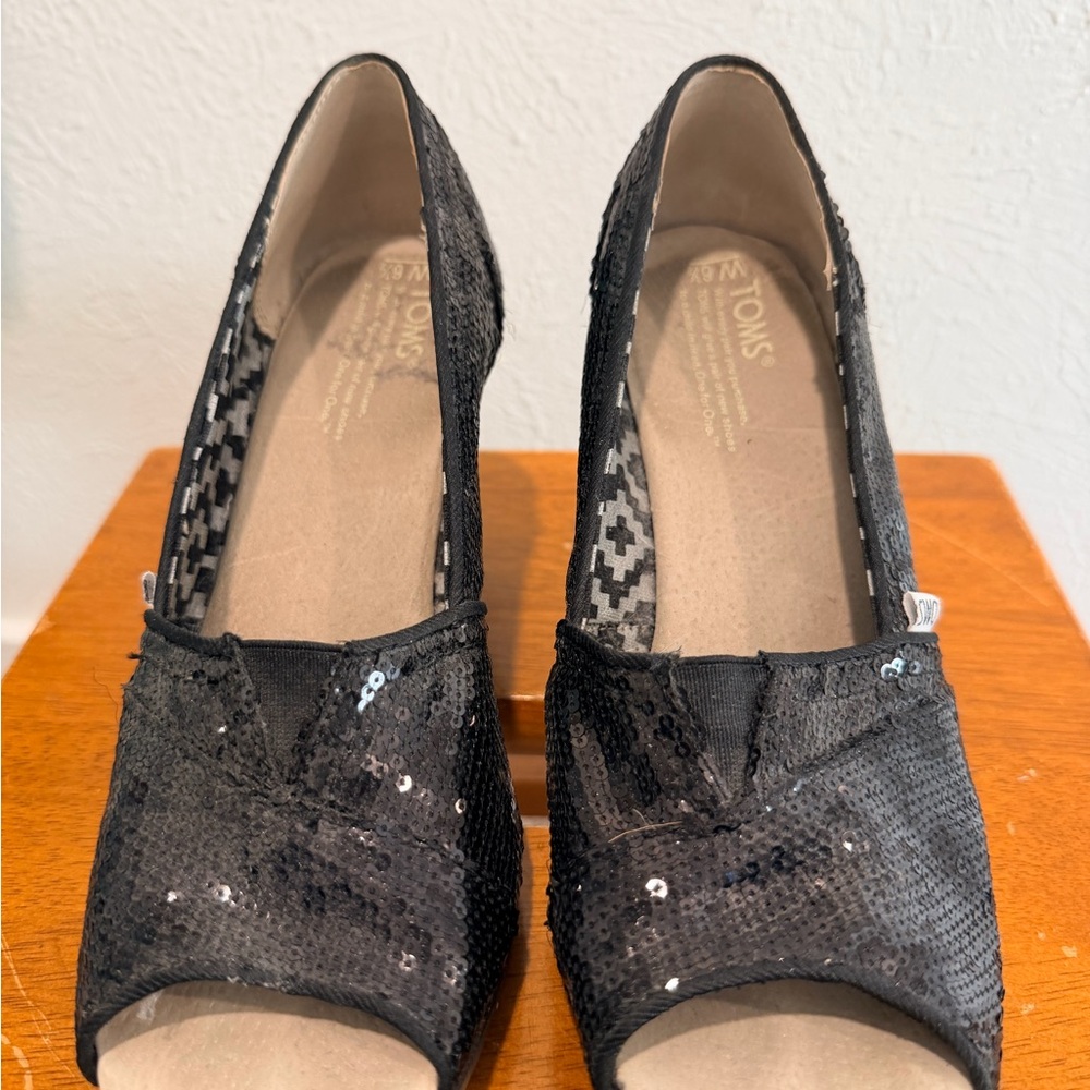 TOMS Black Sequin Peep-Toe Heels
